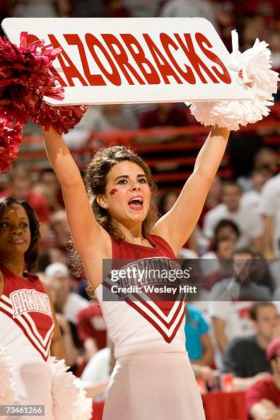 Arkansas Razorbacks Cheer Cheerleader of the Arkansas Razorbacks performs during a game against ...