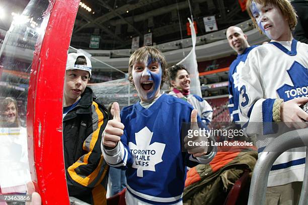 Toronto Maple Leafs fan gives the thumbs up sign before the game against the Philadelphia Flyers at Wachovia Center on February 24, 2007 in...