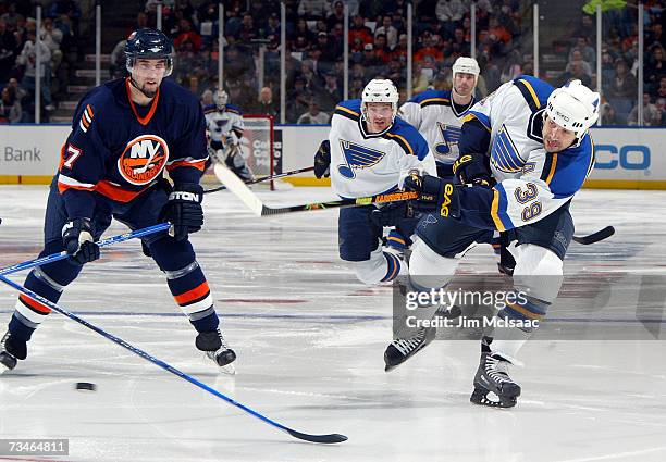 Doug Weight of the St Louis Blues shoots the puck past Trent Hunter of the New York Islanders during their game on March 1, 2007 at Nassau Coliseum...