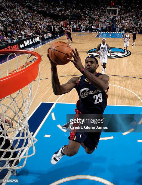 LeBron James of the Cleveland Cavaliers goes up for a dunk against the Dallas Mavericks in NBA action March 1, 2007 at the American Airlines Center...