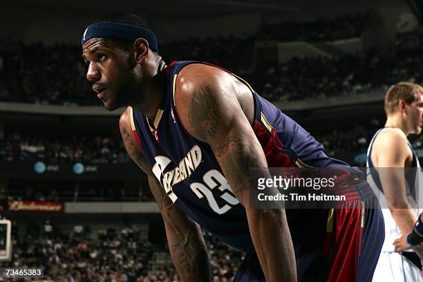 LeBron James of the Cleveland Cavaliers takes a breather during the fourth quarter against the Dallas Mavericks on March 1, 2007 at the American...