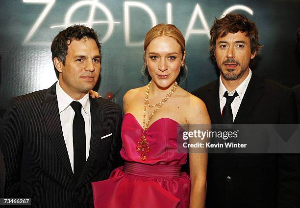 Actors Mark Ruffalo , Chloe Sevigny and Robert Downey Jr. Pose at the premiere of Paramount Picture's "Zodiac" at the Paramount Theatre on March 1,...