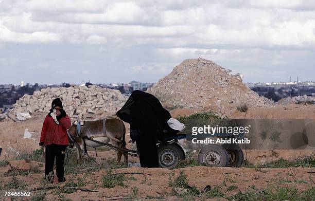 Poor Palestinian child and woman collects grass and some remaining of potatoes from a harvested farm, near to heaps of rubble and debris of former...