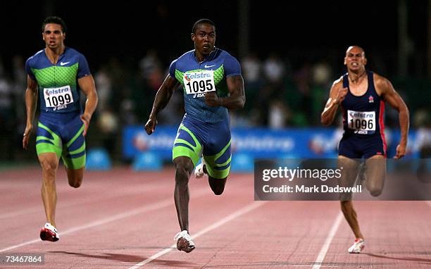 Shawn Crawford of the USA defeats Joshua Ross and Patrick Johnson of Australia in the Mens 200 Metres during the Telstra A-Series IAAF World...