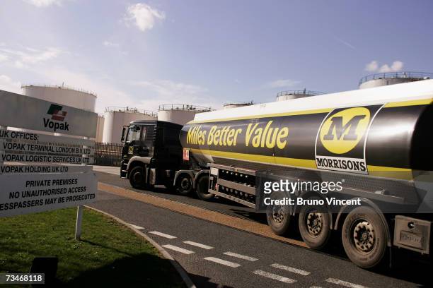 Morrisons supermarket fuel tanker arrives at Vopak fuel depot on March 2, 2007 in West Thurrock, England. The two main fuel retailers suspected to be...