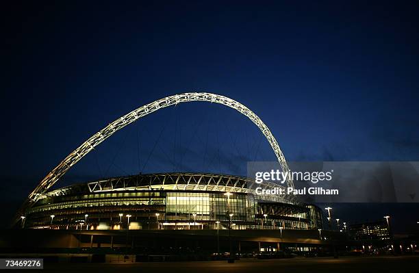 General view of Wembley Stadium at night on February 7, 2007 in London, England.