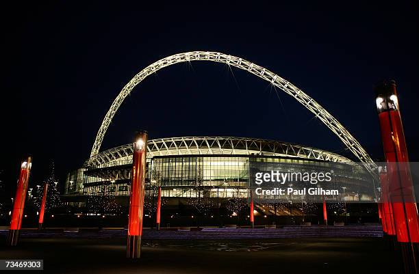 General view of Wembley Stadium at night on February 7, 2007 in London, England.