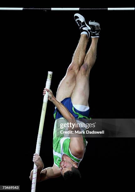 Brad Walker of the USA competes in the Men's Pole Vault during the Telstra A-Series IAAF World Athletics Tour at Olympic Park on March 2, 2007 in...