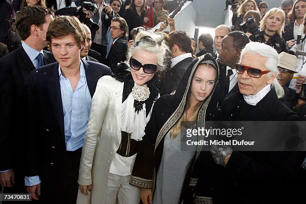 Nicola von Bismarck, Daphne Guiness and her daughter in law and Karl Lagerfeld attends at the Chanel fashion show F/W 2007/08 at Grand Palais on...