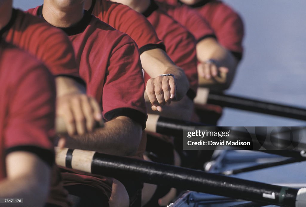 Men's crew team rowing in unison, close-up