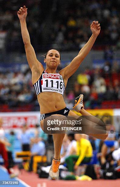 Birmingham, UNITED KINGDOM: British Jessica Ennis performs in the Long jump pentathlon, 02 March 2007 during the 29th European Athletics Indoor...