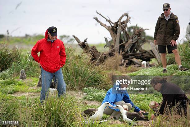 In this handout photo provided by the White House, First Lady Laura Bush visits Midway Atoll, part of the Hawaiian archipelago on March 1, 2007. The...