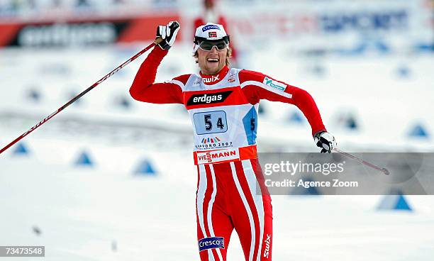 Petter Northug of Norway takes the Gold Medal during the FIS Nordic World Ski Championships Cross Country Men's Mass Start Relay 4x10 KM event March...