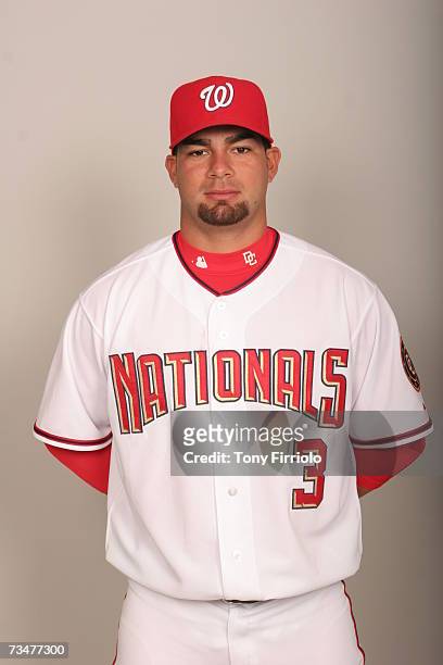 Jesus Flores of the Washington Nationals poses during photo day at Space Coast Stadium on February 25, 2007 in Viera, Florida.