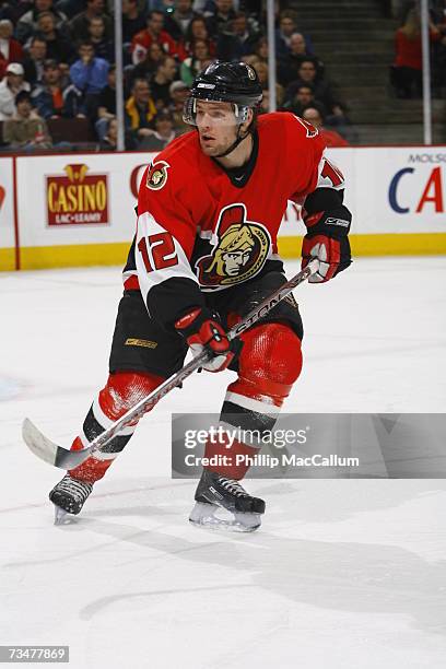 Mike Fisher of the Ottawa Senators skates in a game against the Carolina Hurricanes on February 28, 2007 at the Scotiabank Place in Ottawa, Canada....