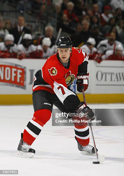 Joe Corvo of the Ottawa Senators across the blueline with the puck in a game against the Carolina Hurricanes on February 28, 2007 at the Scotiabank...