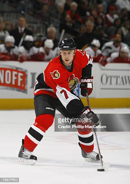 Joe Corvo of the Ottawa Senators across the blueline with the puck in a game against the Carolina Hurricanes on February 28, 2007 at the Scotiabank...