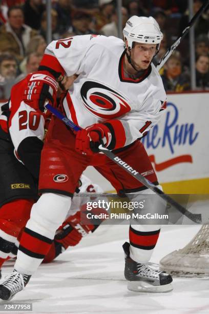 Eric Staal of the Carolina Hurricanes skates out from behind the Ottawa Senators' net during a game on February 28, 2007 at the Scotiabank Place in...