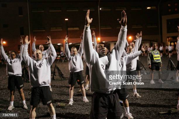 Soldiers do physical training before sunrise during Army basic training at Fort Jackson March 1, 2007 in Columbia, South Carolina. In 2006, the Army...