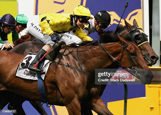 Michelle Payne riding Dyna Myta wins the Kids Clothing Co Classic during the Futurity Stakes Day at Caulfield March 3, 2007 in Melbourne,Australia.