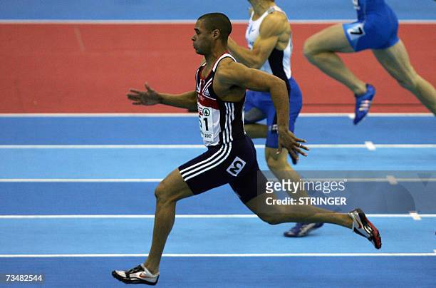 Birmingham, UNITED KINGDOM: British Jason Gardener races during the 60m round 1, 03 March 2007 during the 29th European Athletics Indoor...