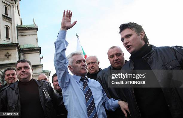 Volen Siderov {C}, leader of the Bulgarian ultranationalist party Ataka , greets his supporters at a rally in Sofia, 03 March 2007. Several thousand...