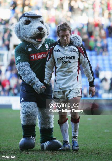 Jonny Wilkinson of Newcastle Falcons with the Club Mascot after the Guinness Premiership match between London Irish and Newcastle Falcons at the...