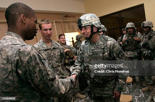 General David Petraeus talks with enlisted soldiers in their barracks at the Joint Security Station al-Karada March 3, 2007 in Baghdad, Iraq. General...
