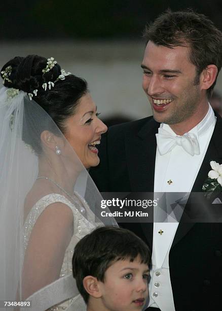 Princess Alexandra of Denmark, Prince Nicolai and her husband Martin Jorgensen pose for photographers after their wedding ceremony at Oster Egende...