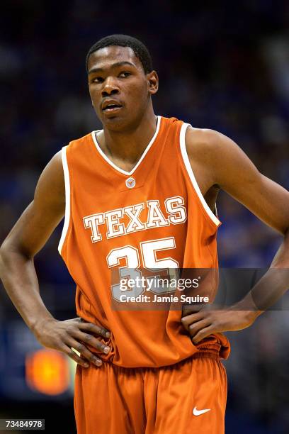 Kevin Durant of the Texas Longhorns walks off the court during a timeout in the second half of the game against the Kansas Jayhawks on March 3, 2007...