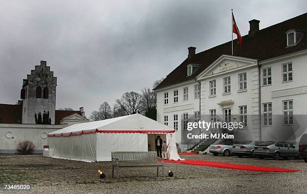 Princess Alexandra of Denmark and her children Prince Felix and Prince Nicolai arrive for her wedding ceremony to photographer Martin Jorgensen at...