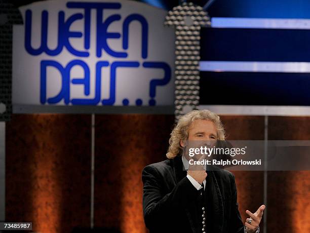 Host Thomas Gottschalk appears at the live broadcast of his show "Wetten dass ..? at the Westfalenhalle March 3, 2007 in Dortmund, Germany.