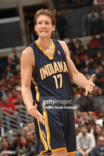 Mike Dunleavy Jr. #17 of the Indiana Pacers shows some frustration during the game against the Los Angeles Clippers on March 3, 2007 at Staples...