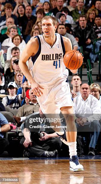 Dirk Nowitzki of the Dallas Mavericks dribbles up the court against the Orlando Magic on March 3, 2007 at the American Airlines Center in Dallas,...