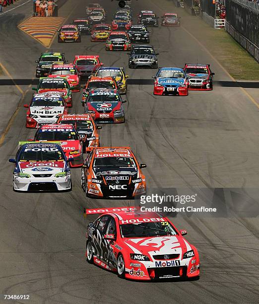 Todd Kelly of the Holden Racing Team leads the start of race two of the Clipsal 500 V8 Supercars on the Adelaide Street Circuit on March 3, 2007 in...