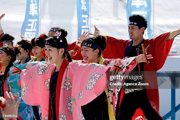 Dancers perform during the FIS Nordic World Ski Championships Cross Country Men's Mass Start Classic 50.00 KM event on March 04, 2007 in Sapporo,...