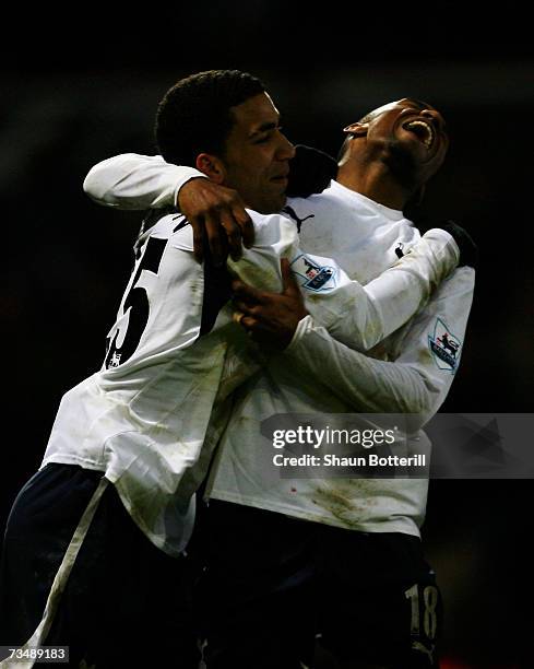 Aaron Lennon and Jermain Defoe of Tottenham celebrate after Paul Stalteri scores their team's matchwinning goal during the Barclays Premiership match...