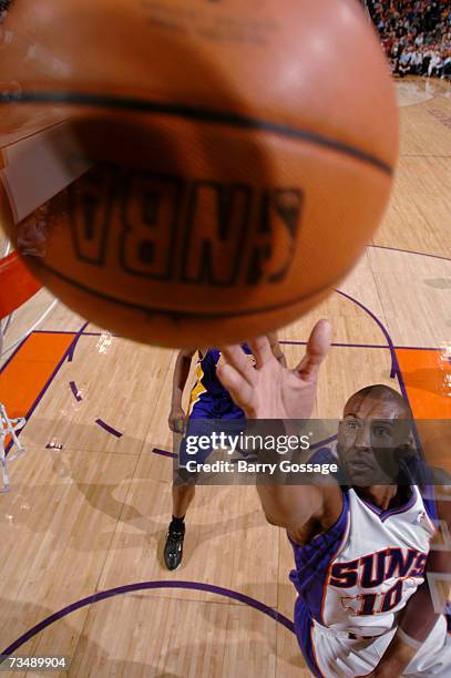 Leandro Barbosa of the Phoenix Suns shoots a layup against the Los Angeles Lakers on March 4, 2007 at U.S. Airways Center in Phoenix, Arizona. NOTE...