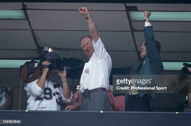 English former footballer and manager of the Republic of Ireland national team, Jack Charlton celebrates after the Republic of Ireland drew 0-0 with...