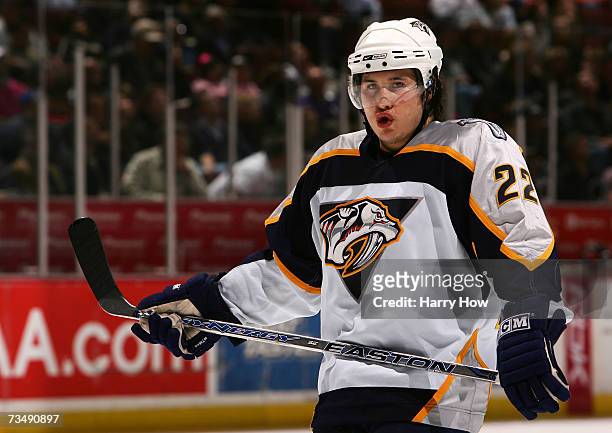 Jordin Tootoo of the Nashville Predators reacts as he takes the ice against the Anaheim Ducks during the third period at the Honda Center on March 4,...