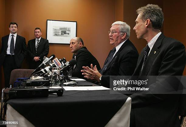 Rugby World Cup Ltd Chairman Dr Syd Millar speaks alongside NZRU Chairman and Chairman of Rugby New Zealand 2011 Ltd Jock Hobbs and IRB Chief...