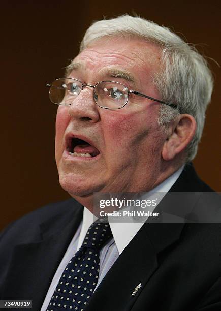 Rugby World Cup Ltd Chairman Dr Syd Millar speaks during the media conference at the Heritage Hotel March 5, 2007 in Auckland, New Zealand. The news...