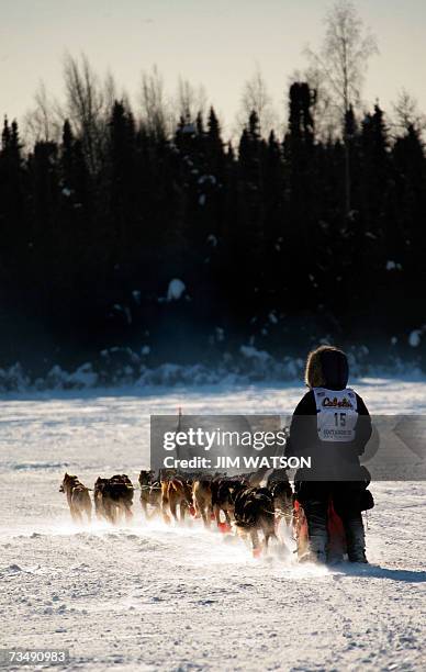 Anchorage, UNITED STATES: Ben Stamm of Argyle, Wisconsin, mushes his sled dog team over frozen Willow Lake as Iditarod XXXV official begins, 04 March...