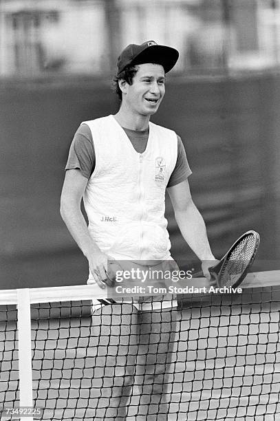 American tennis player John McEnroe during a practise game at Wimbledon, London, June 1983. McEnroe went on to win that year's Wimbledon tournament.