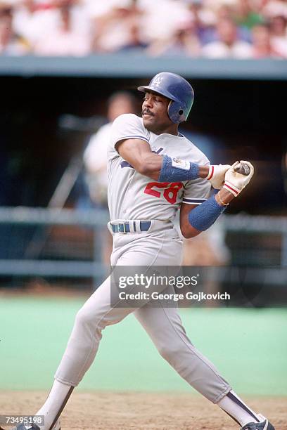 Outfielder Pedro Guerrero of the Los Angeles Dodgers bats against the Pittsburgh Pirates at Three Rivers Stadium in 1987 in Pittsburgh, Pennsylvania.