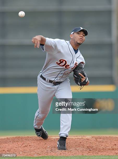 Yorman Bazardo of the Detroit Tigers pitches during the game against the Houston Astros at Osceola County Stadium in Kissimmee, Florida on March 2,...