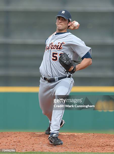 Jordan Tata of the Detroit Tigers pitches during the game against the Houston Astros at Osceola County Stadium in Kissimmee, Florida on March 2,...