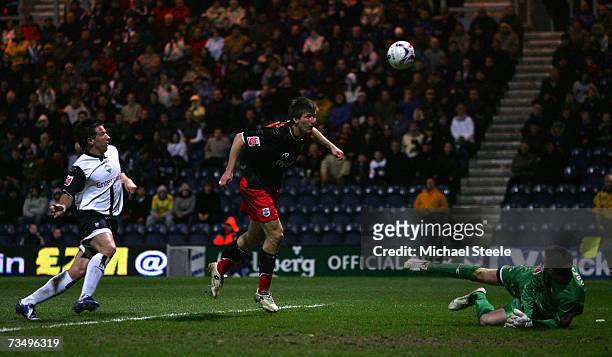 Grzegorz Rasiak of Southampton scores his sides equalising goal during the Coca-Cola Championship match between Preston North End and Southampton at...
