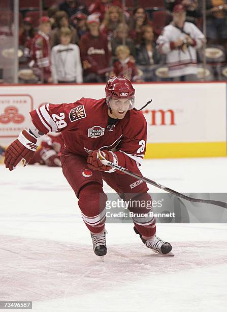 Yanick Lehoux of the Phoenix Coyotes warms up prior to their NHL game against the Columbus Blue Jackets on March 3, 2007 at the Jobing.com Arena in...
