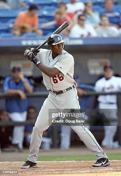 Cameron Maybin of the Detroit Tigers stands ready at bat against the New York Mets in a spring training game on February 28, 2007 at Tradition Field...